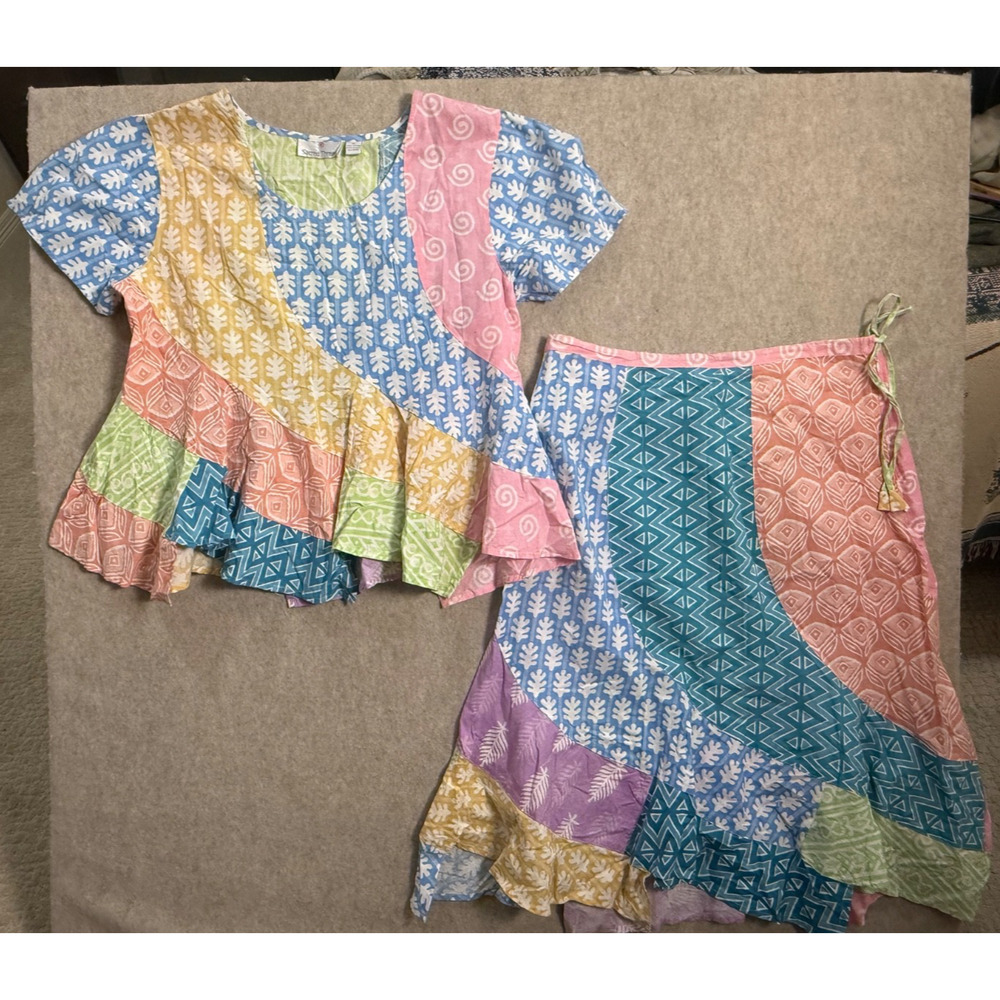 Sacred Threads Vtg Patchwork Pastel Skirt Shirt Set Size XL Cotton Festival Boho